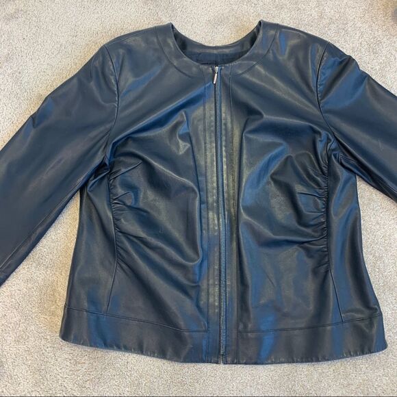 LAFAYETTE 148 Black ruched Front zipper soft lambskin leather jacket Sz 14 - Picture 4 of 12